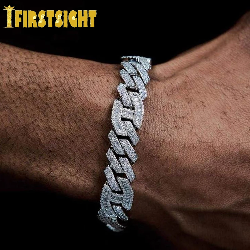 New 15MM Micro Paved Rectangle Zircon Cuban Bracelet Iced Out Bling Hip Hop Jewelry Silver Color CZ Cuban Chain Bracelet Men