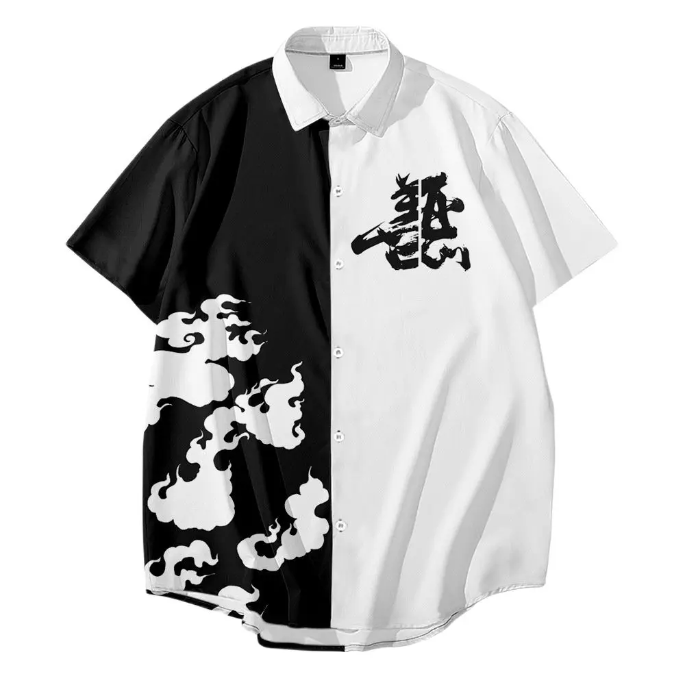 Hawaii Men Short Sleeve Turn-down-collar Shirt Summer Loose Casual Chinese Style Printing Hawaiian Shirt