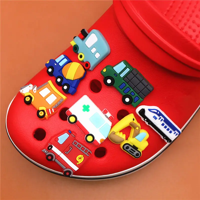 Single Sale 1pcs Shoe Charms Construction vehicles and Trains Shoe Buckle Accessories Shoe Decorations fit Kid\'s X-mas