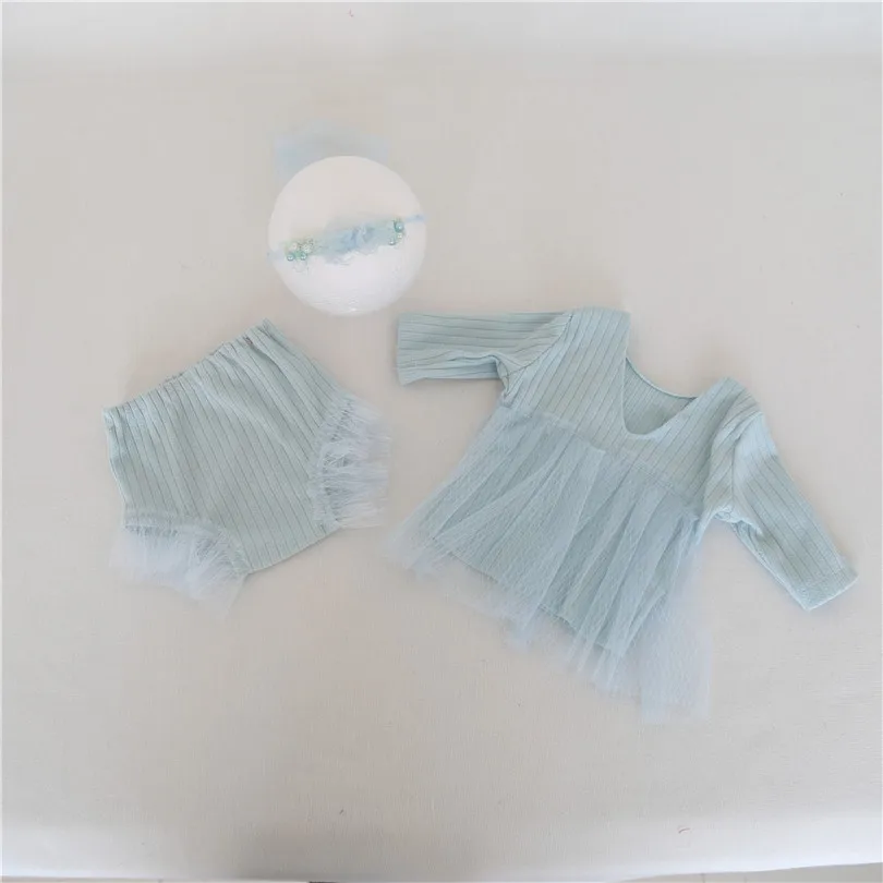 Vintage Baby Girl Skirt Pastel Blue Newborn Diaper Headband Set Infant Tiebacks Newborn Lace Dress Baby Boy Outfit Photo Props