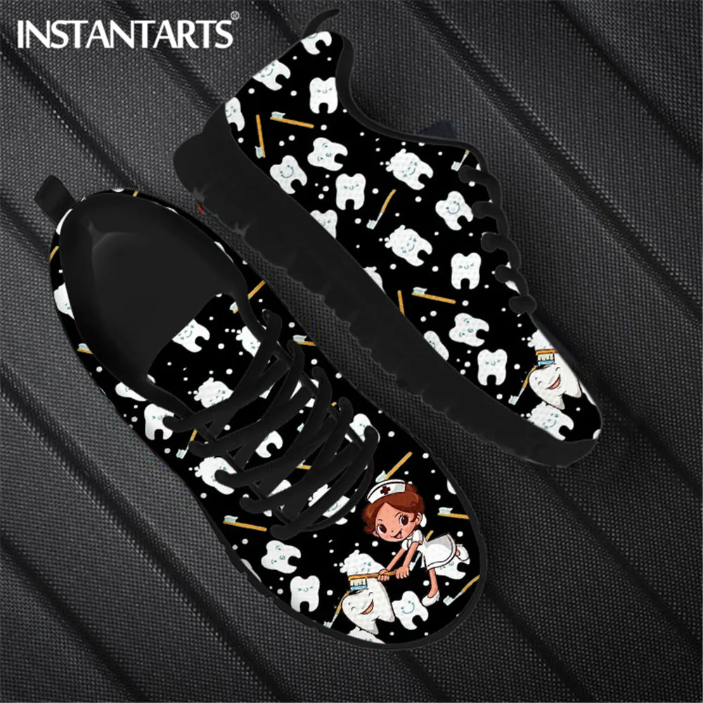 INSTANTARTS Black Dental Nurse Shoes Cartoon Tooth Dentist Brand Design Casual Walking Mesh Woman Flats Sneakers Feminino Female