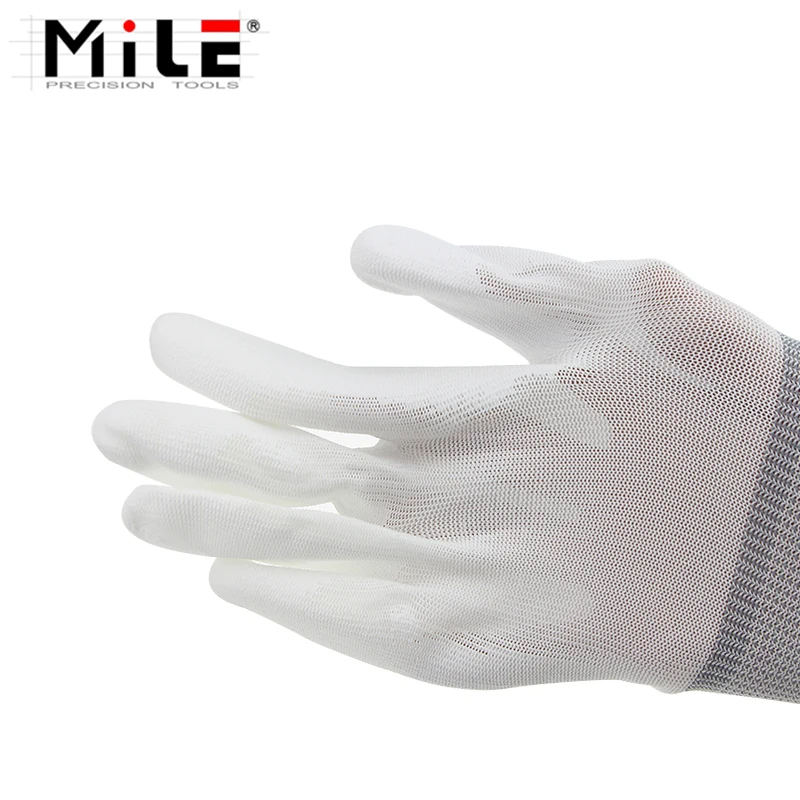 MILE 1 Pair ESD Safe Gloves White Anti-static Anti-skid PU Finger Top Coated for Electronic Repair Works