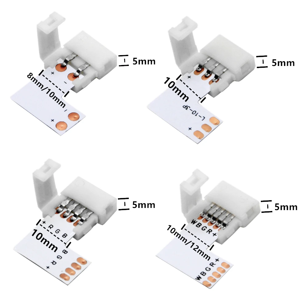 2pin/3pin/4pin/5pin Corner Connector 8mm/10mm/12mm Width T/L/X Shape Solderless Connector 5050 Ws2812b Led Strip No Soldering