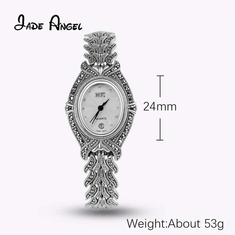 Jade Angel Women Vintage Pave Marcasite Thai 925 Sterling Silver Wrist Watches Christmas Gifts Thanksgiving Gifts Birthday Gifts