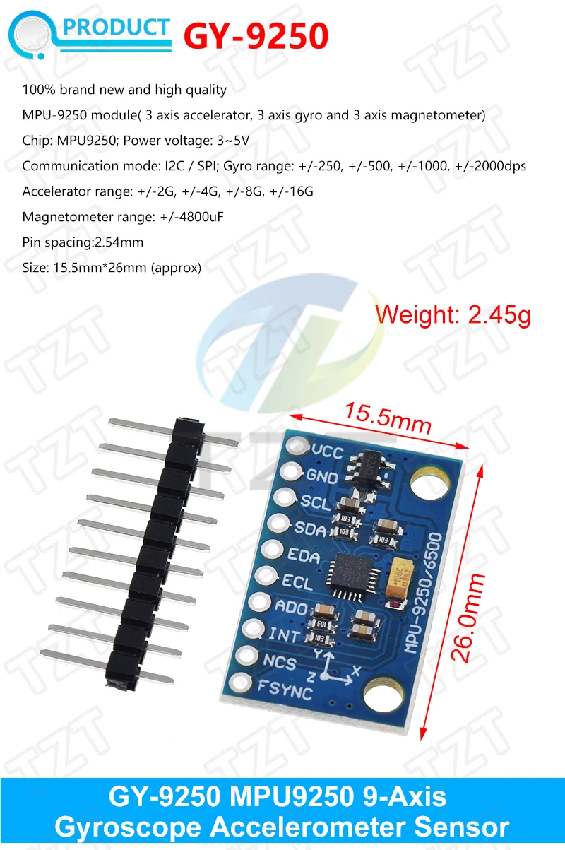 MPU-6050 MPU-9250 BMI160 LSM303DLHC L3G4200D QMC5883L ADXL335 LIS3DSH 3-, 6- und 9-Achsen-Sensor für Lagebestimmung +Gyroskop +Beschleunigungsmesser +Magnetometer – Detail 18