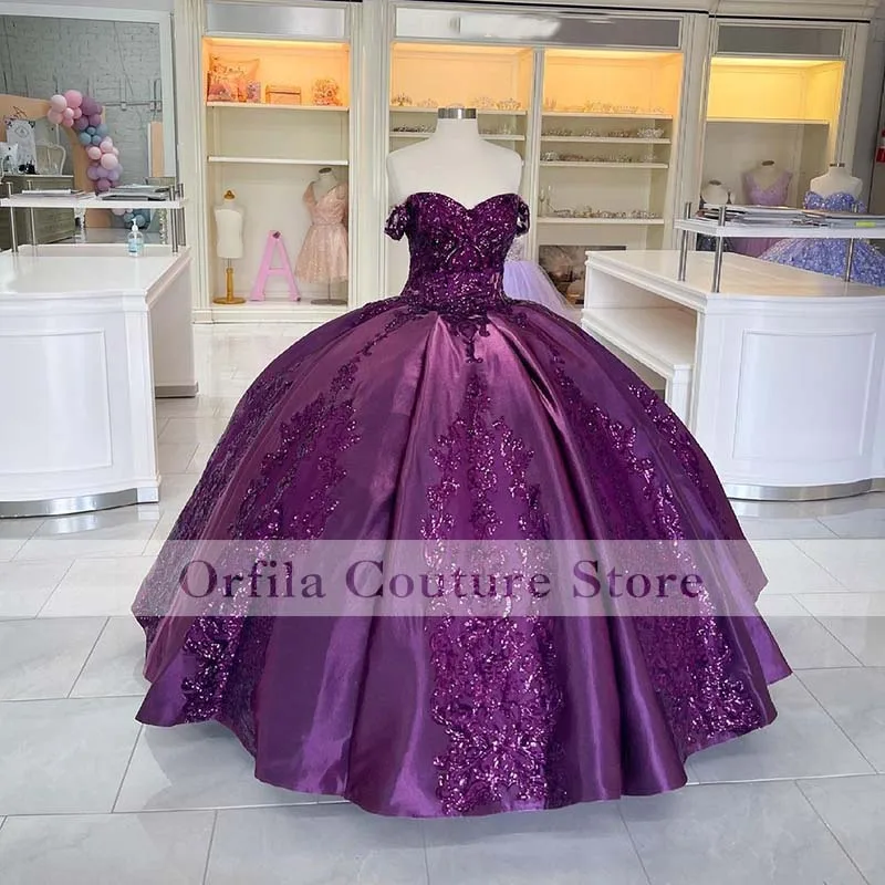 Roxo lantejoulas laço vestido de baile quinceanera vestido 2021 fora do ombro vestidos 15 anos espartilho plus size doce 16 vestidos