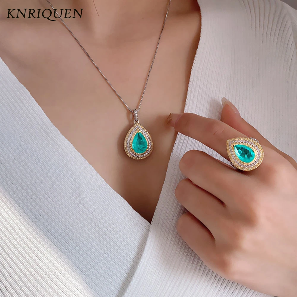 

Retro Paraiba Tourmaline Emerald Quartz Gemstone Ring Pendant Necklace for Women Cocktail Party Luxury Jewelry Set Female Gift