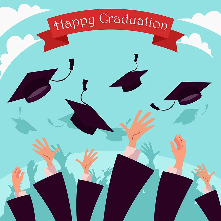 10x10FT Graduating Students Happy Graduation Caps Cartoon Clouds Custom Photo Backdrops Studio Backgrounds Vinyl 300cm x 300cm