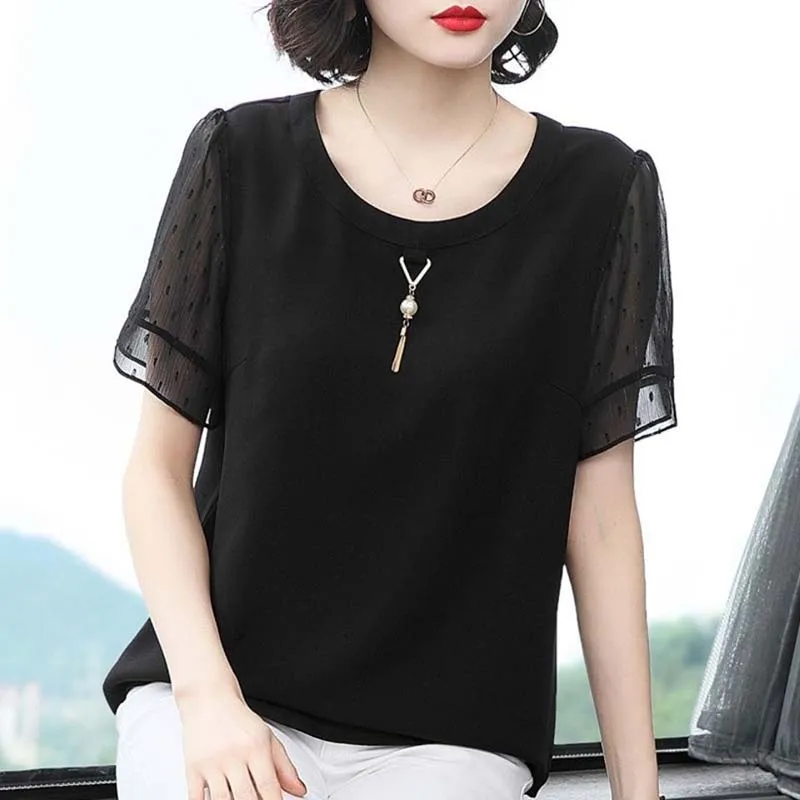 Women Spring Summer Style Chiffon Blouses Shirts Lady Casual Short Sleeve O-Neck Chiffon Blusas Tops SP305