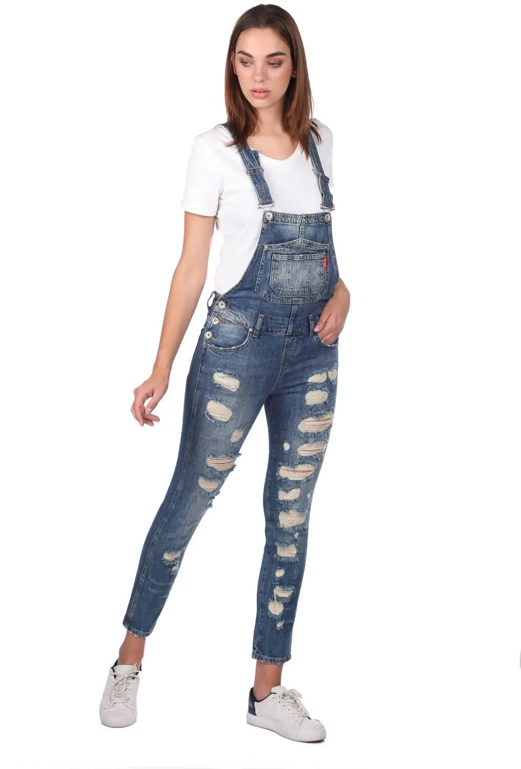 Blue White Women Jean Jumpsuit Pants