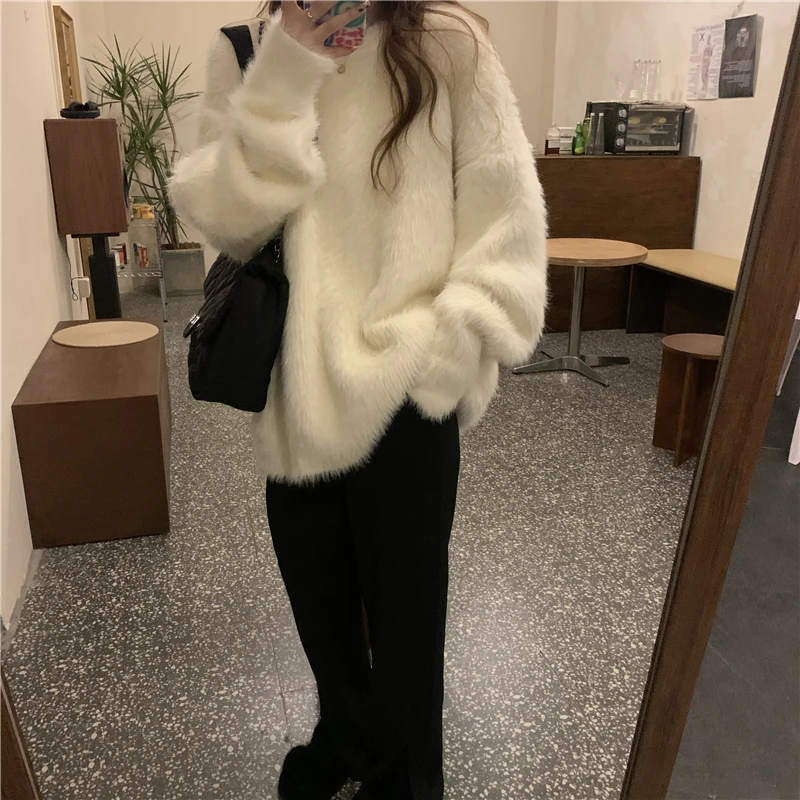 Women\'s White Sweater Coat Fall Winter Thick Loose Soft Mink Fleece Sweater Solid Oversize Jumper Plush Lazy Style Pullover Top