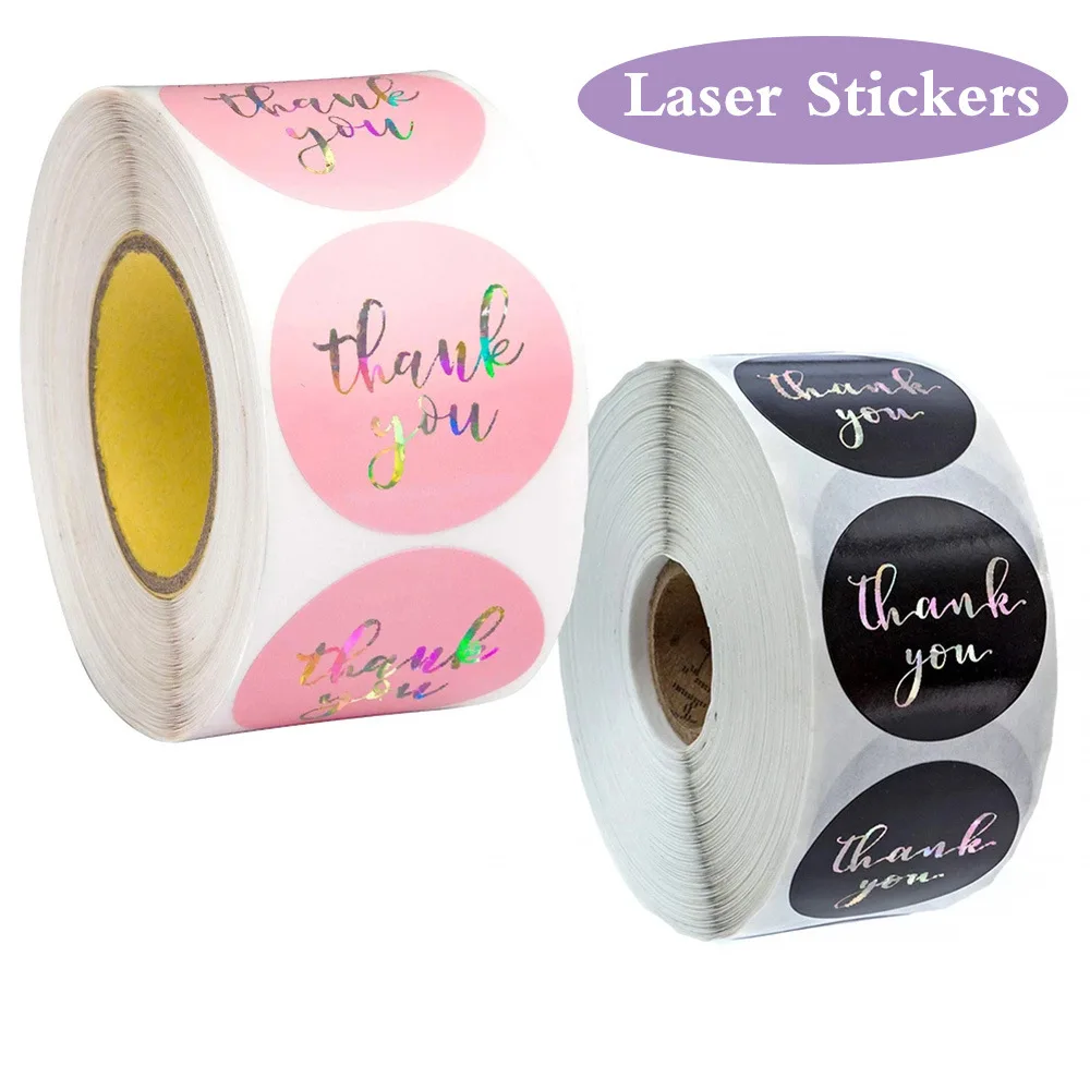 50-500pcs Black And Pink Sealing Label Sticker 1inch Laser Thank You Stickers  For Gift Decoration Business Packaging Stationery