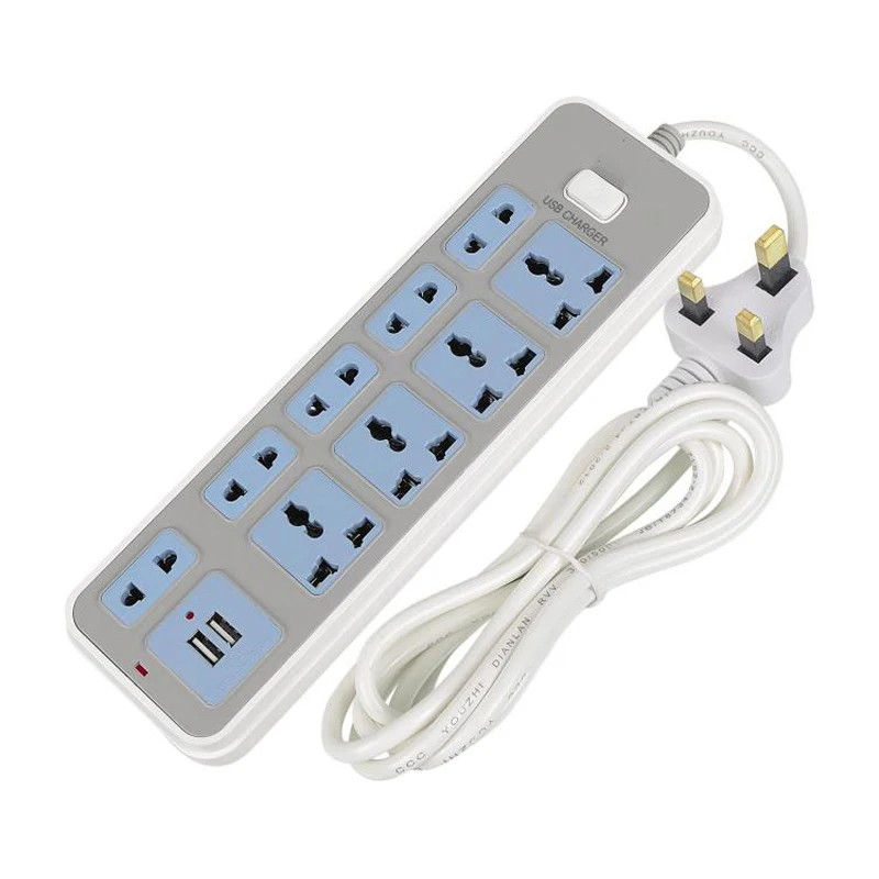 Power Strip 4AC Universal Outlets Plug 2USB 2m/6.4ft Extension Cord Individual Switched Overload Protection 2500W 10A Socket