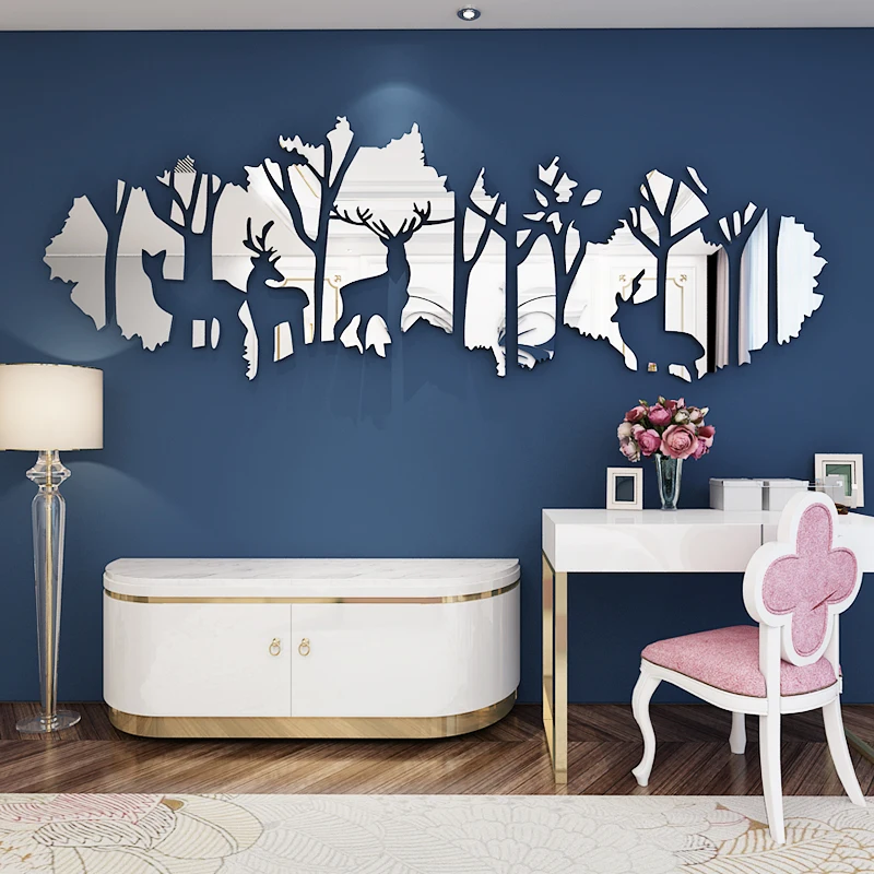 Large Size Forest Deer Acrylic Mirror Wall Stickers, Personalized 3D Wall Stickers, Interior Decoration, Home Decor, Living Room