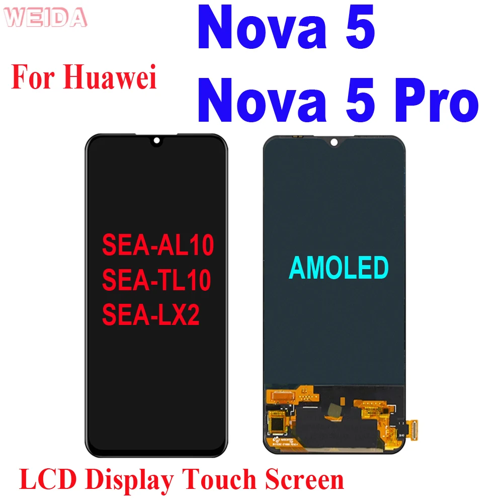 

6,39 "Super AMOLED для Huawei Nova 5, ЖК-дисплей, сенсорный дигитайзер в сборе, SEA-AL10 SEA-TL10 для Huawei Nova 5 Pro LCD