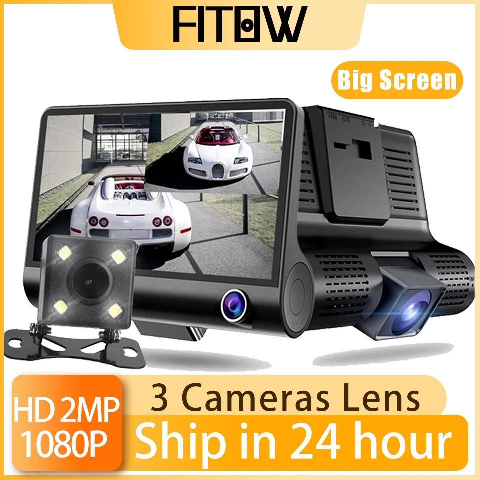 Taida 1080P Full HD 4 Inch Screen Car DVR 3 Lens Dash Camera Parking Record Rearview Vehicle Video DVR Night Vision Dash Cam