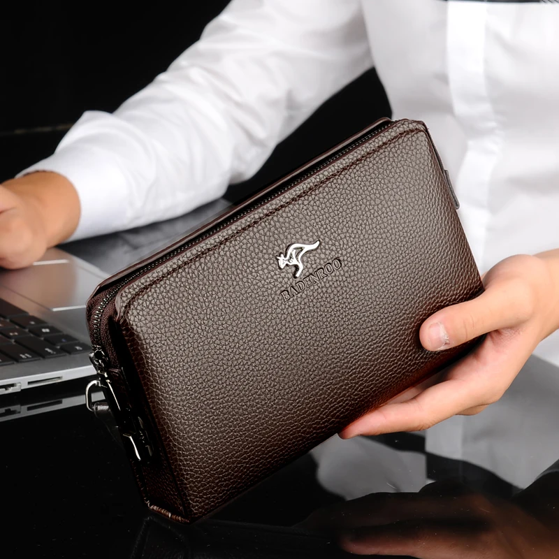 Luxury Brand Men\'s Wallet Leather Long Wallet  PU Leather Wallet Men Double Zipper Coin Pocket Purse Business Clutch Phone Bag