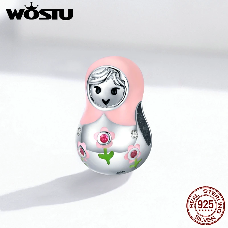 WOSTU Lovely Russian Doll Girls Beads 925 Sterling Silver Fit Original Bracelet Pendant Pink Enamel Charms S925 Jewelry FIC1435