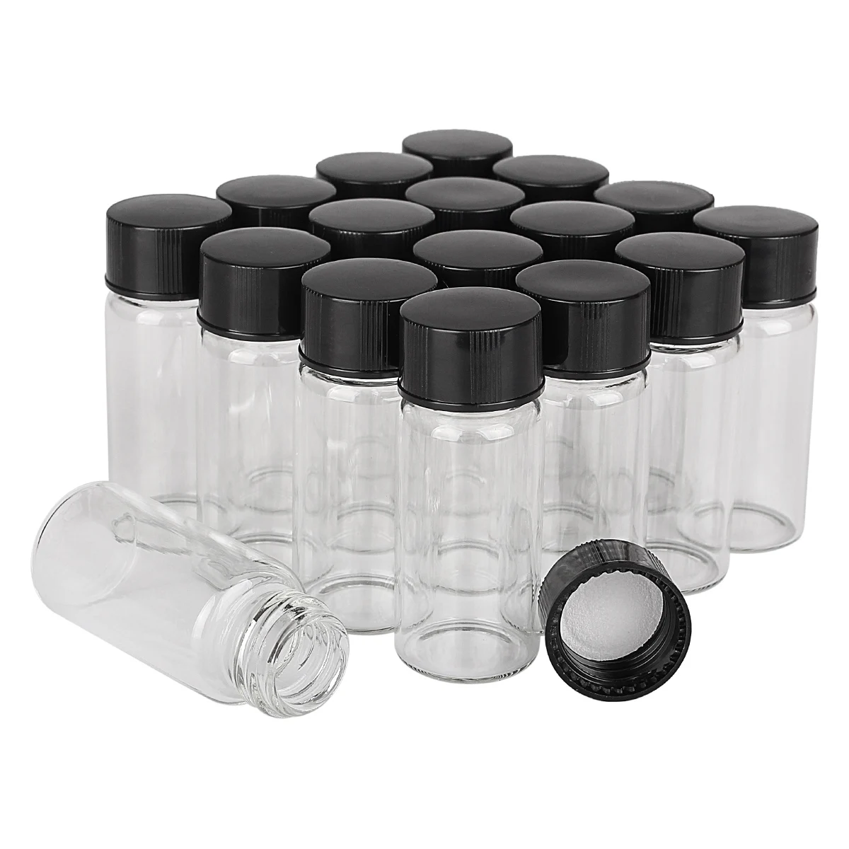 50 Pieces 10ml 22*50mm Small Transparent Glass Bottles Perfume Bottles Jar Vials with Black Plastic Caps for Craft Accessory DIY