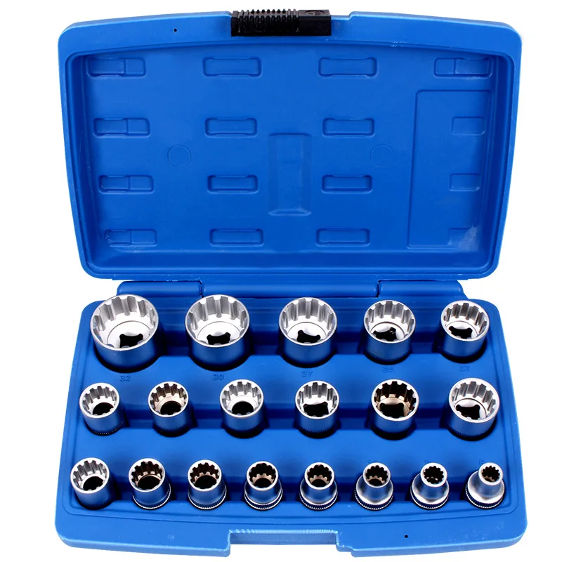 19 Piece Set 12 Angle Plum Blossom Toothed Sleeve Head Electric Ratchet Wrench Tool 1/2 Inch Big Fly 8-32mm