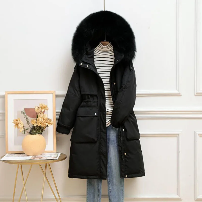 Long Winter Down Jacket Women 2022 Hooded Solid Casual Women's Down Coat With fox Fur Collar Thick Overcoat Female