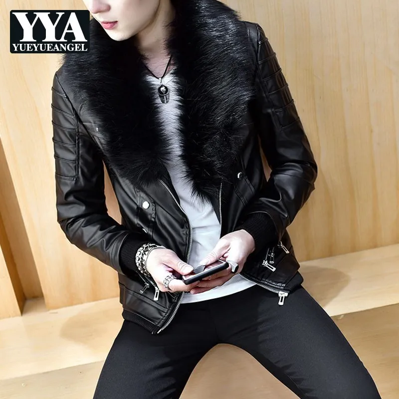 

Korean Thick Fleece Liner Motorcycle Faux Leather Windproof Jackets Personality Zip Big Faux Fur Collar Slim Male Short Coats