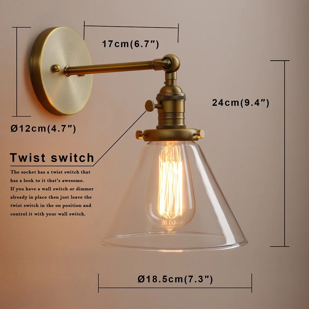 Permo-lâmpada de parede com funil de vidro, 7.3 polegadas, luminária vintage e27 para decoração de casa, loft, quarto