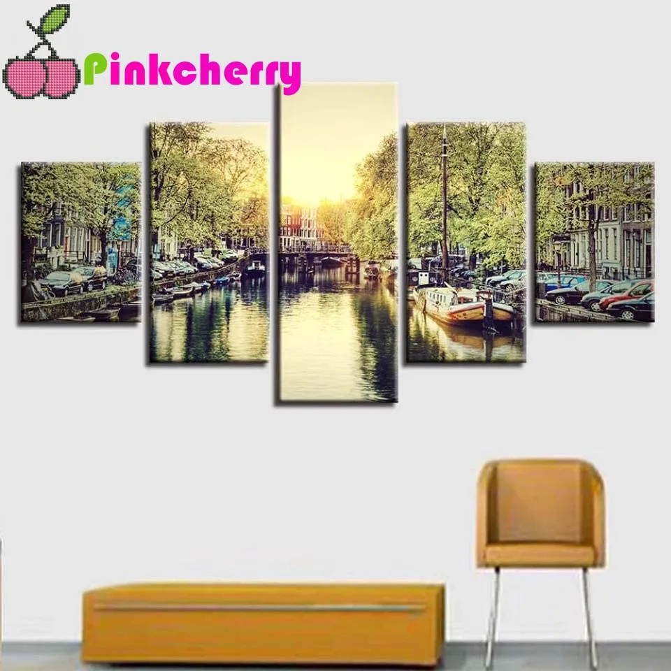 5 Pieces Diy Diamond Painting Amsterdam City Scenery Summer Canal Boat Full Square/Round Mosaic embroidery Multi Panel k248