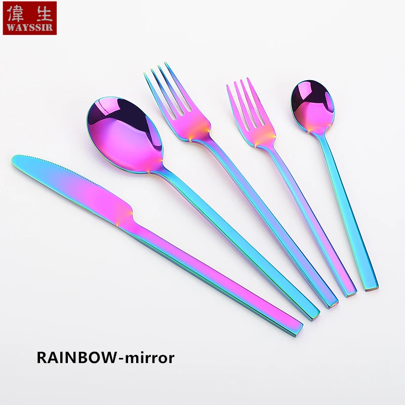 5pcs Stainless Steel Dinner Tableware Knife And Fork Set Mirror Colorful Rainbow Cutlery Spoon Dessert Fork Portable Dinner Set