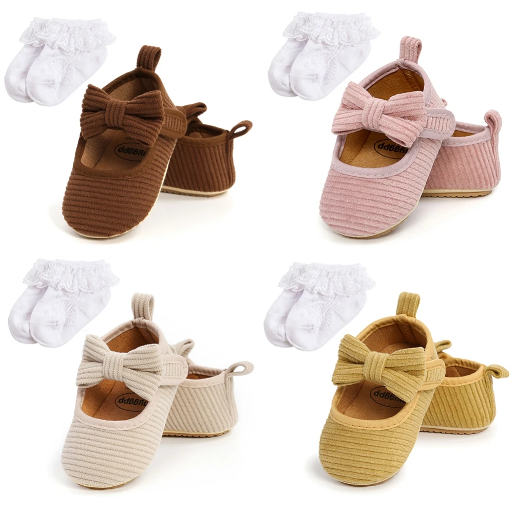 

Toddler Newborn Baby Girl Corduroy Princess Shoes With Cotton Socks Solid Color Bow Cute Shoes Non-Slip Warm First Walkers