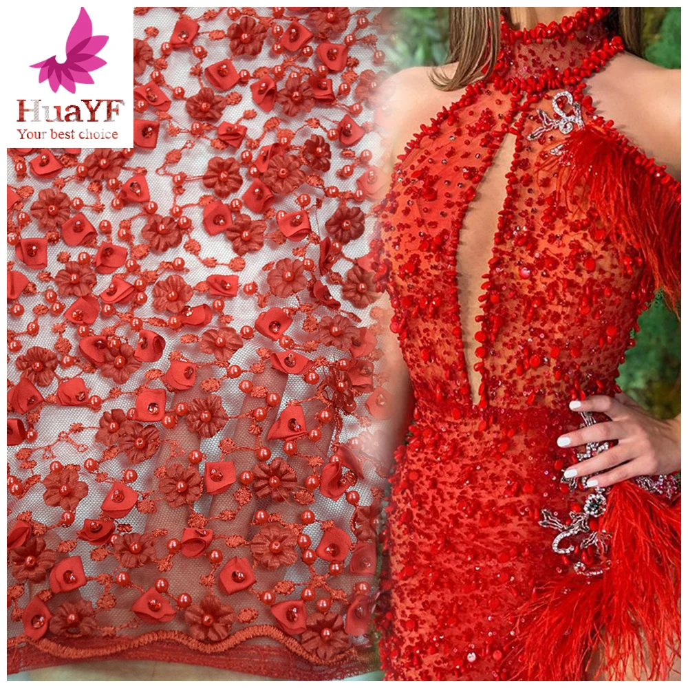 

Luxury Red Heavy 3D Flower Mesh Lace HandWork Beaded Tulle Fabrics For Wedding Dress HY1049