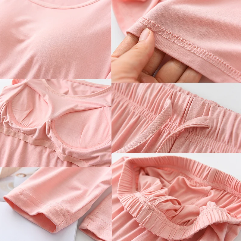 Modal Pajamas Sets Women Casual Bra Pad Striped Sleepwear Suits Spring Autumn Long-Sleeved Home Clothing Ladies Pyjama Lingeries