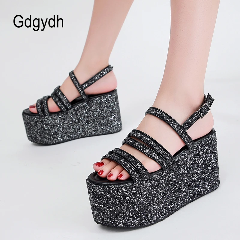 Gdgydh Trendy Sandals Women Wedges Heel Brand Deisgn Bling Sequines Back Strap Thick Sole Platform Shoes On Summer Club Party