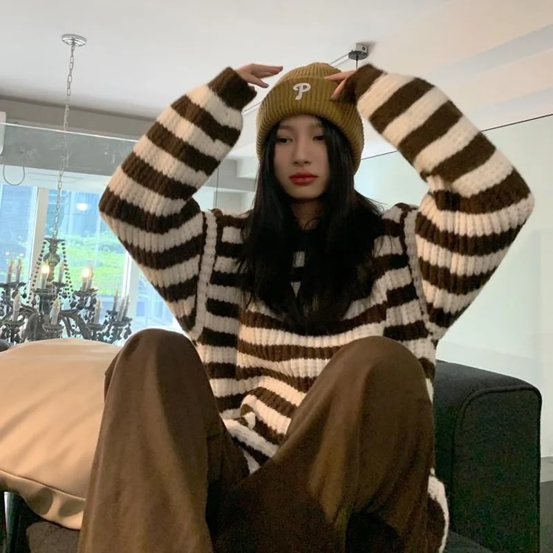 Striped Pullovers Women Ins O-neck Fashion Simple Chic Ulzzang Loose Clothes Classic Elegant Females Autumn Harajuku Streetwear