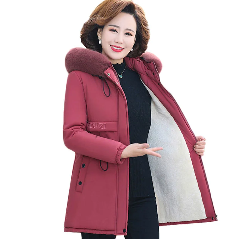 

Middle-aged Women Winter Jackets Coats New Velvet Warm Padded Cotton Jacket Parker Female Plus Size 5XL Mid-length Hooded Coat