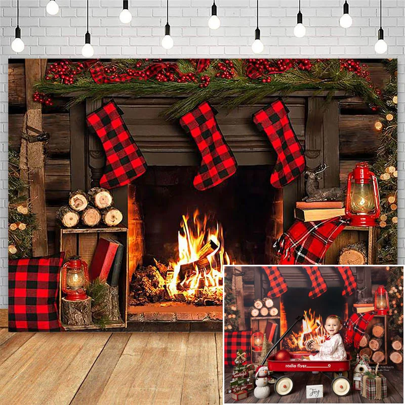 MOCSICKA Photography Background Christmas Tree Lights Wreaths Fireplace Toy Socks Birthday Party Backdrop Photocall Photo Studio