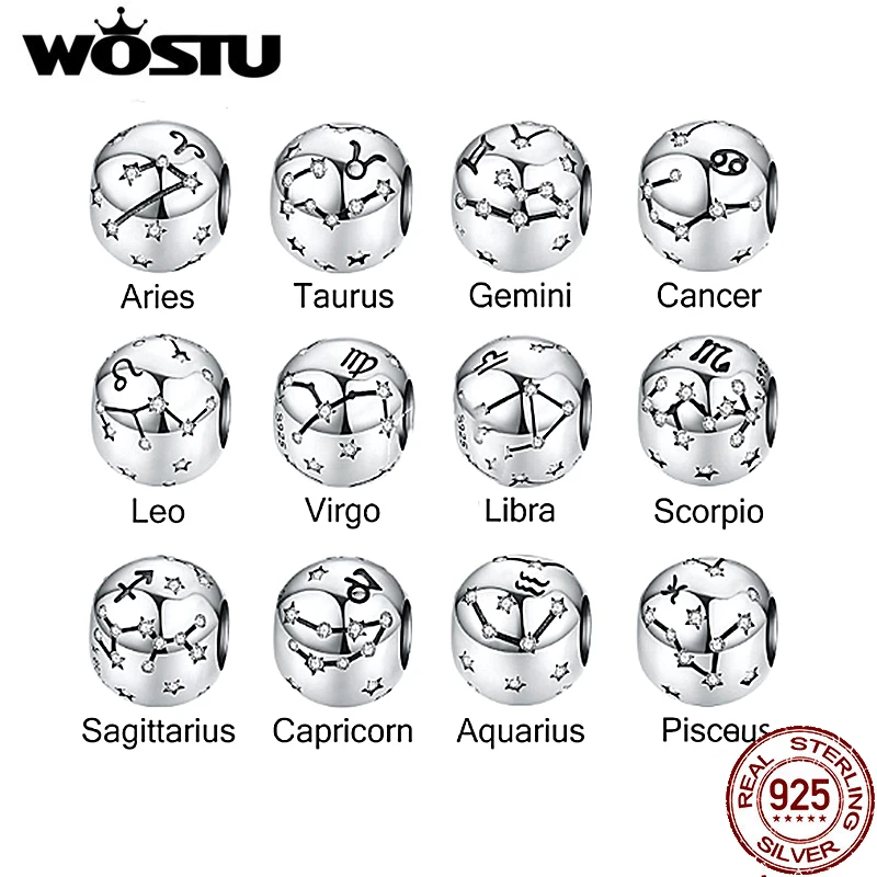 

WOSTU 925 Sterling Silver Constellation Zodiac Bead Charm Aquarius Star Sign Fit Original Bracelet Women DIY Jewelry Party Gift