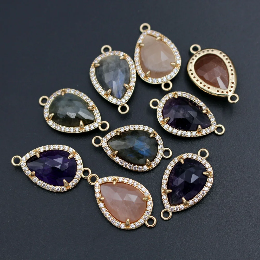 

10pcs Faceted Teardrop Natural Amethyst Labradorite stone CZ Connectors Pendant For DIY Necklace Bracelet Earrings Jewelry