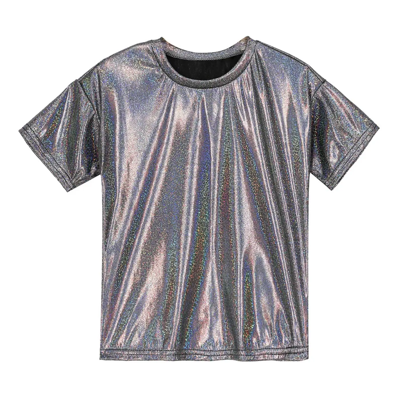 

Boys Girls Bright Silk Jazz Hip Hop Dance Top Kids Metallic Shiny Loose Short Sleeve T-shirt for Cheerleading Street Dance