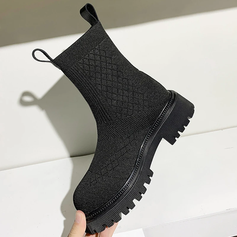 

Women Mid Calf Boots New Platform Boots Ladies Chunky Women's Short Boots Stretch Fabric Shoes Woman Luxury Style Female Shoes