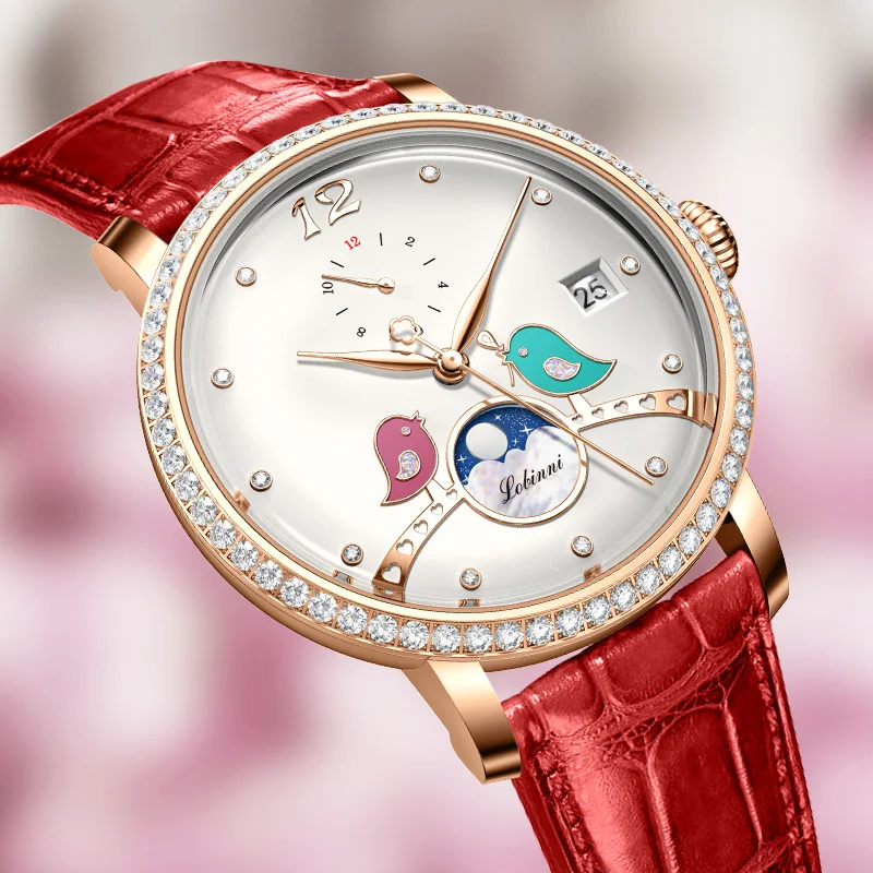 LOBINNI Элегантные женские часы с бриллиантовым дизайном, циферблат с фазой Луны, автоматические механические часы, женские часы с сапфировым стеклом