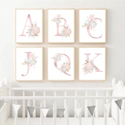Watercolor Pink Flowers Letter Canvas Painting Posters and Prints Cuadros Wall Art Picture for Kid's Living Room Home Decoration