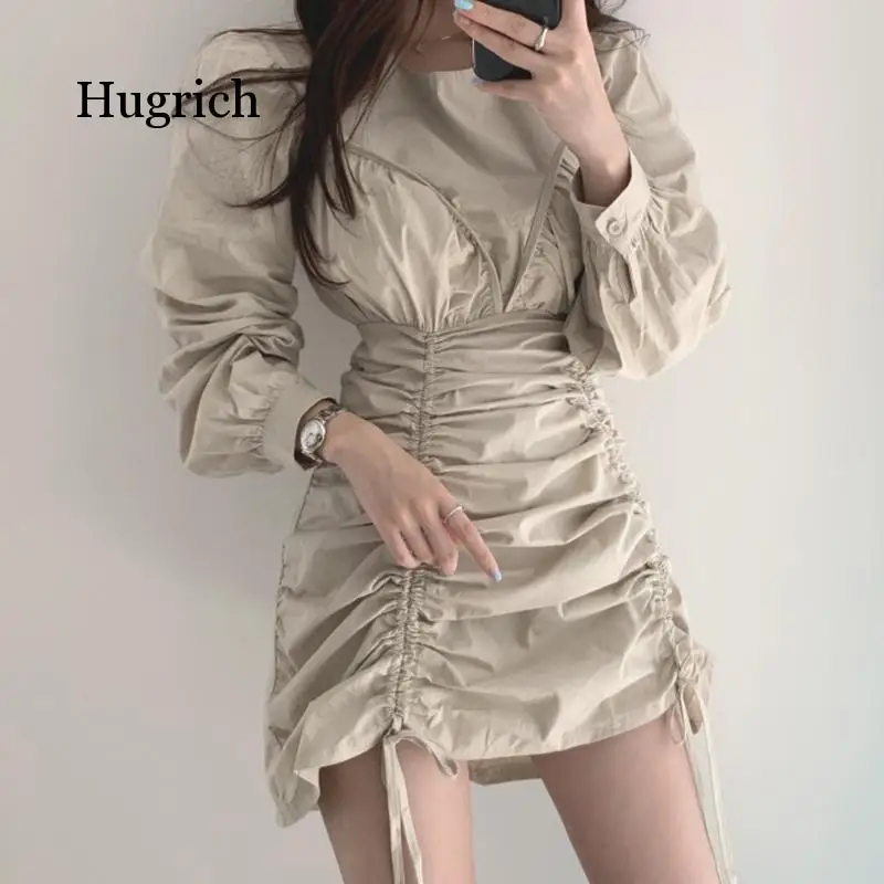 

2021 New Summer Women Vintage Loose High Waist Slim Was Thin Elegant Irregular Drawstring Puff Sleeve Dress