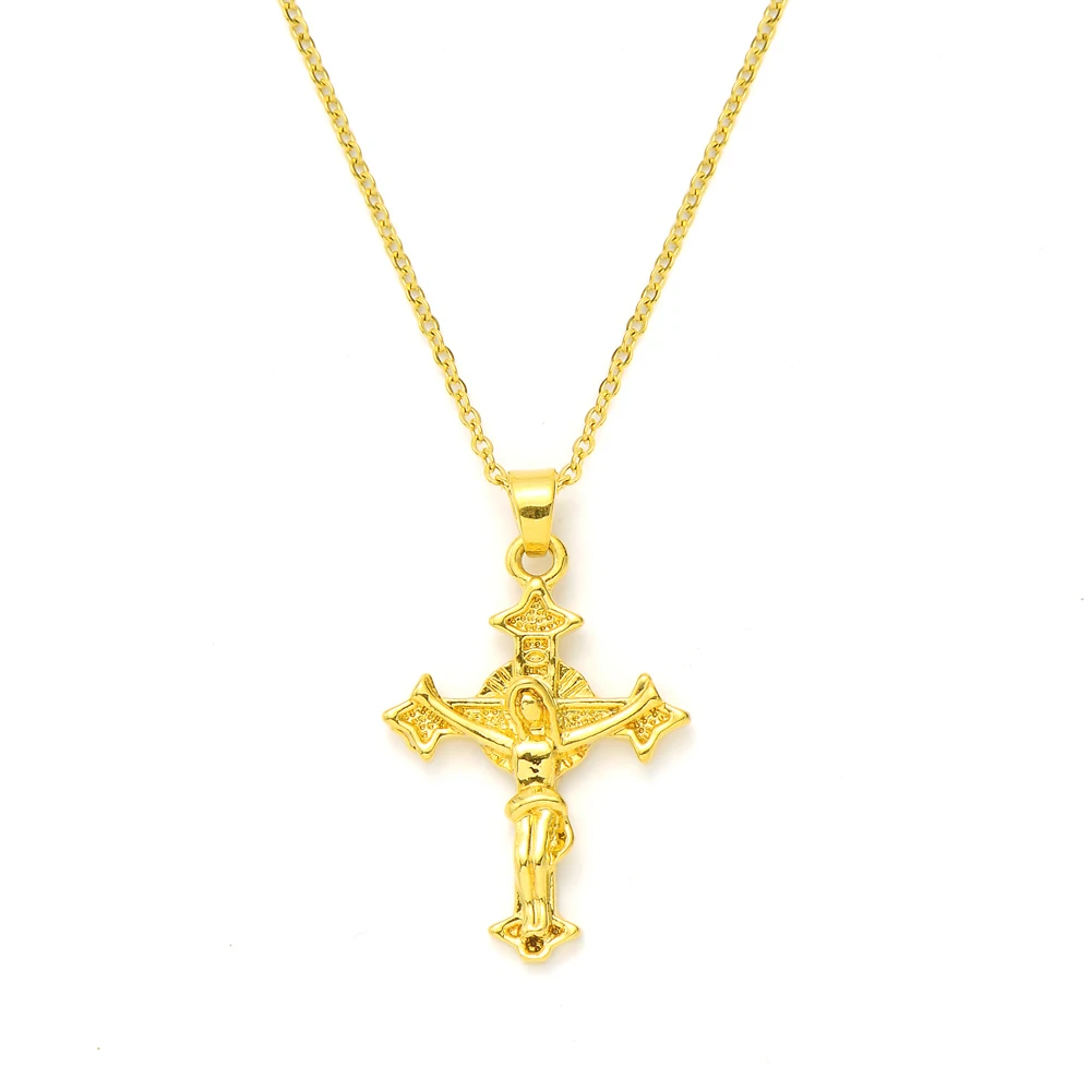 

NEW 9k Yellow Solid Gold GF Jesus Crucifix Cross Pendant Link Chain Necklace Womens Mens Gift