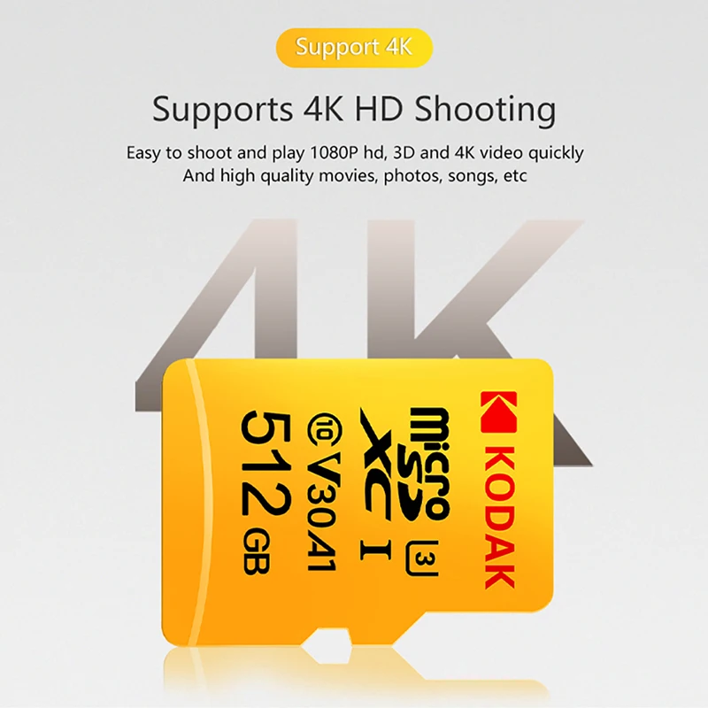 KODAK Micro SD 128GB 256GB microSD 512 GB 32GB 64GB U1 TF 4K Class 10 tarjeta Micro SD Card U3 UHS-I 16GB