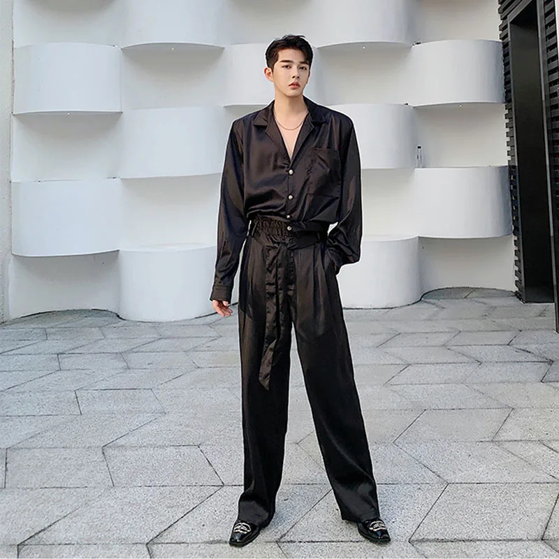 Männer 2 Stück Anzüge Sets Männer Langarm Satin Stil Casual Retro Mode Hemd Breite Bein Gürtel Hosen Japan Streetwear hemd