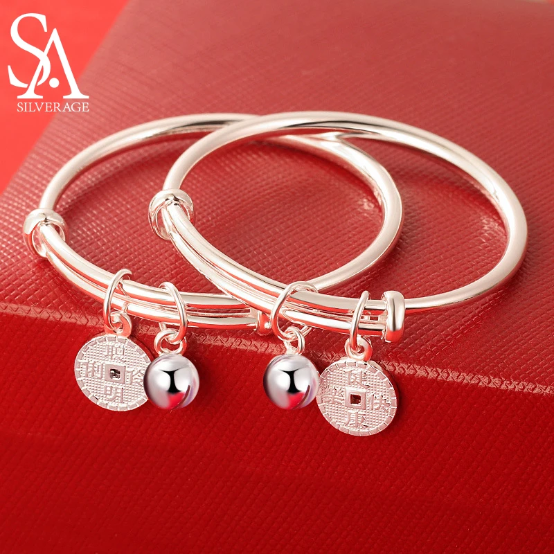 

SA SILVERAGE Solid 999 Sterling Silver Smart Children's Bracelet Baby Push-pull Foot Silver Bell Children's Day Bangles Luxury