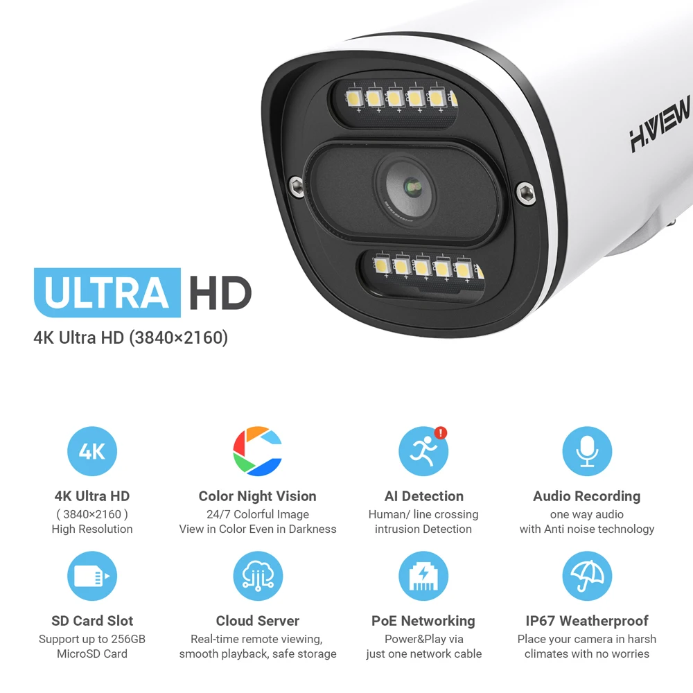 H.View-풀 컬러 야간 투시경, 8Mp Poe Ip 카메라, 4K Cctv 보안 카메라, 6Mp, Nvr 시스템용 야외 오디오 비디오 감시 카메라