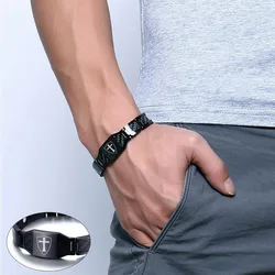 Stylish Carbon Fiber Knights Templar Shield Bio Energy Bracelets for Men Cross Faith Therapy