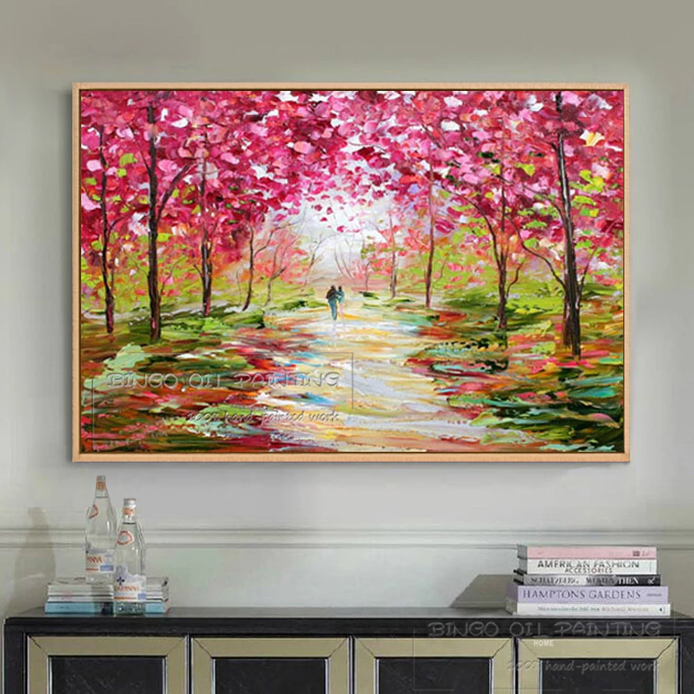 Hand-painted High Quality Abstract Thick Paints Landscape Oil Painting Rich Colors Knife Painting Pink Forest Tree Oil Painting